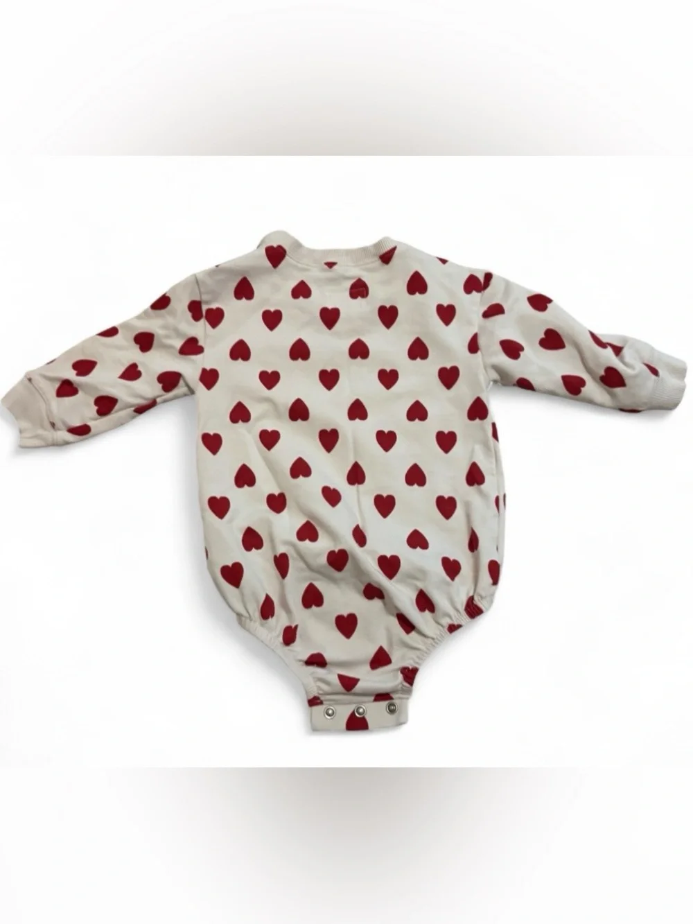 Cream Long-Sleeve Baby Bodysuit with Red Heart Print
